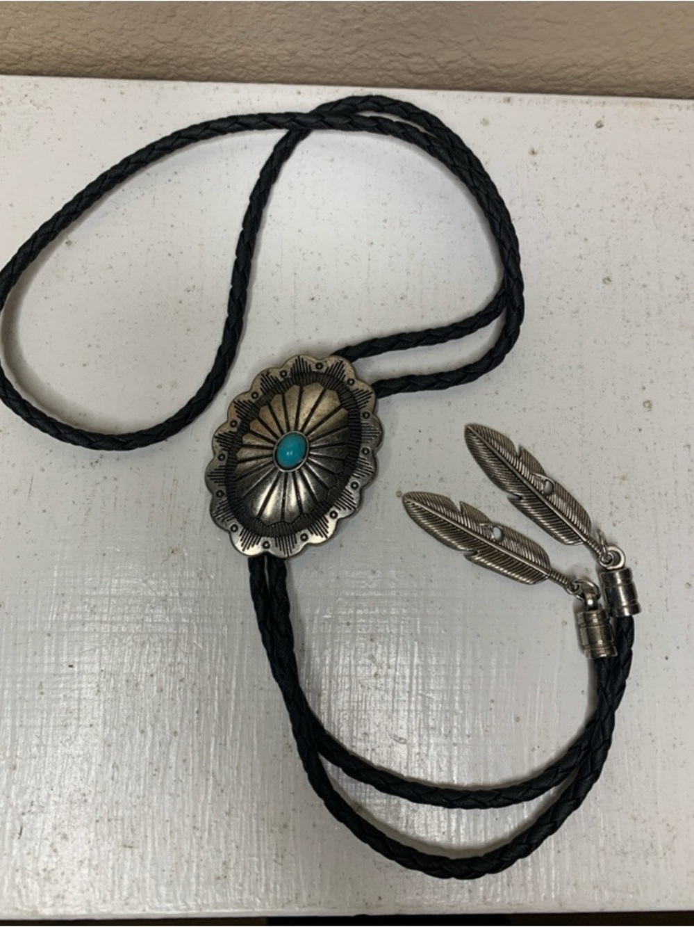 WESTERN Classic Black Bolo Tie with Silver and Turquoise Accents - Picture 2 of 4